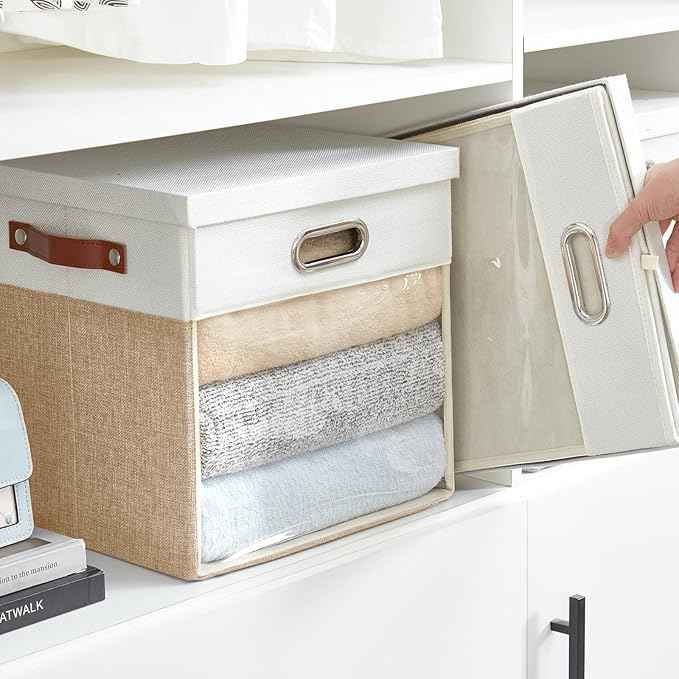 Fabric Storage Cubes with Clear Windows and Lids, 13'' Foldable Storage Bins with 3 Handles, Decorative Storage Boxes for Home, Bedroom, Closet, Office (Beige & White)
