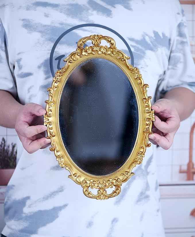 Vintage Decorative Gold Framed Mirror, Small Oval Wall Hanging Mirror -Small- 9.6" W x 14.3" L (Gold)