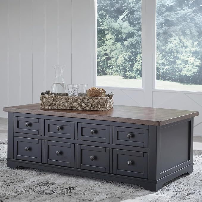 Signature Design by Ashley Wildenauer Lift Top Cocktail Table, Satin Finish Base, 2 Drawers, 2 Storage Bins, Hardwood Solids, 52" W x 28" D x 19" H, Light Brown & Black