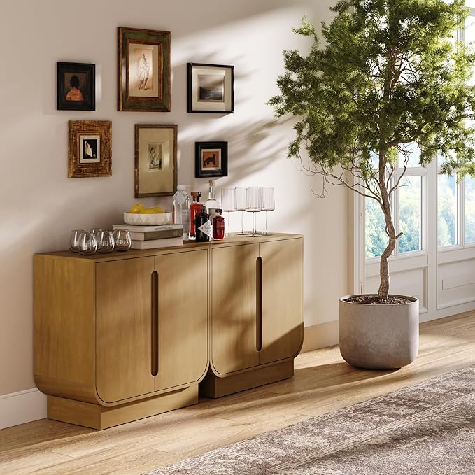 Nathan James Joey Mid Century Modern Storage Cabinet, Arched Accent Cabinet with Rounded Bottom Edges and Integrated Door Pull Cutouts, Light Brown Set of 2