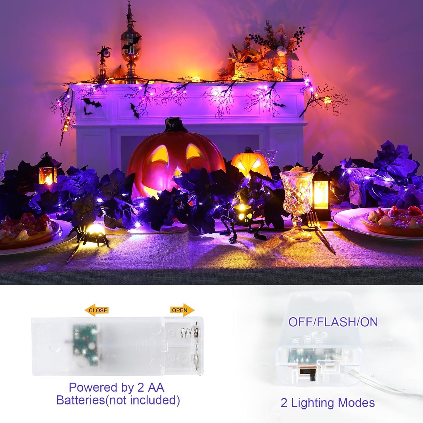 Joyhalo 2 Pack Halloween Garland with Lights, Black Maple Leaves Lighted Garland for Mantle, 5.7FT Light Up Leaf Autumn Vines Outdoor for Door Frame, Fireplace and Thanksgiving Fall Decor