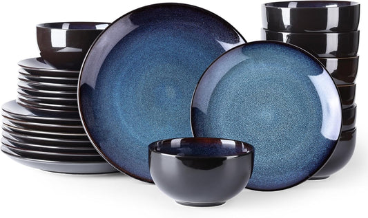 LERATIO Ceramic Dinnerware Sets for 8,Stoneware Plates and Bowls Sets,Handmade Reactive Glaze Dishes Set,Chip Resistant and Scratch Resistant | Oven&Dishwasher & Microwave Safe-Blue(24PCS)