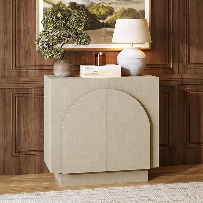 Nathan James Iris Mid Century Modern Arched Curio Cabinet with Beige Linen Finish, Wooden Storage Cabinet with Doors