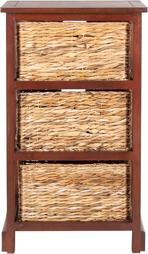 SAFAVIEH Home Collection – Halle Cherry Storage Side Table with Wicker Baskets, Farmhouse Accent Storage, Fully Assembled (AMH5738C)