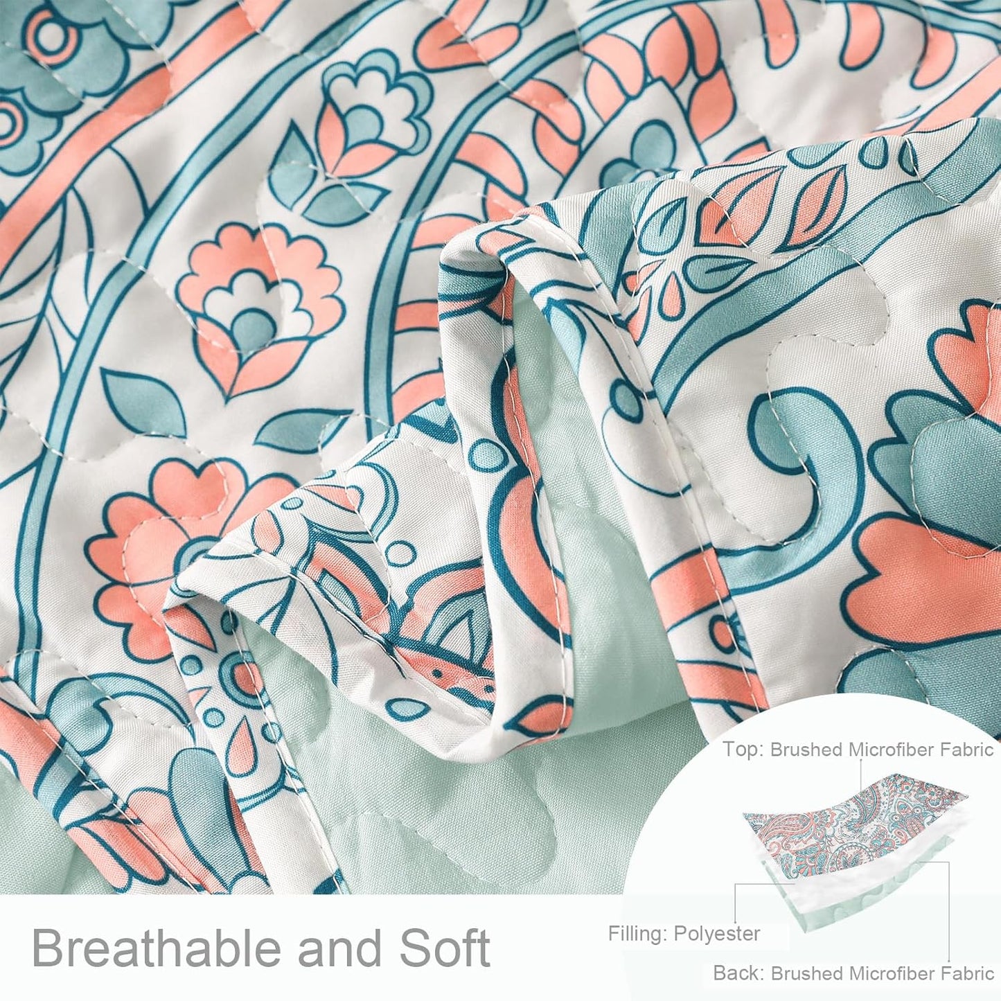 Exclusivo Mezcla Reversible Boho Quilt Set Queen Size, 3 Pieces Paisley Aqua All Season Bedspreads, Ultra Soft Floral Coverlet Bedding Set with Printed Pattern (1 Quilt, 2 Pillow Shams)