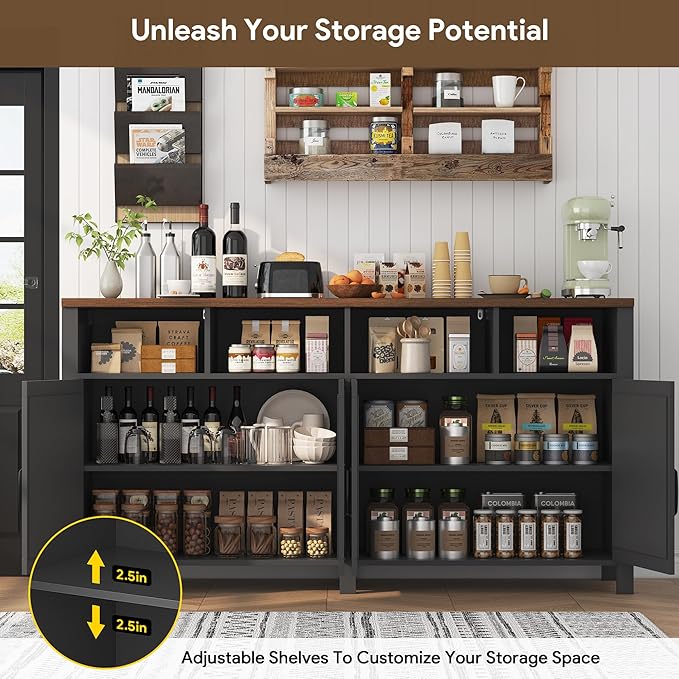 63'' Buffet Sideboard with Storage Farmhouse with 4 Doors, Large Kitchen Storage Cabinet Wood Coffee Bar Cabinet Buffet Table with Shelves for Kitchen, Dining Room, Entryway