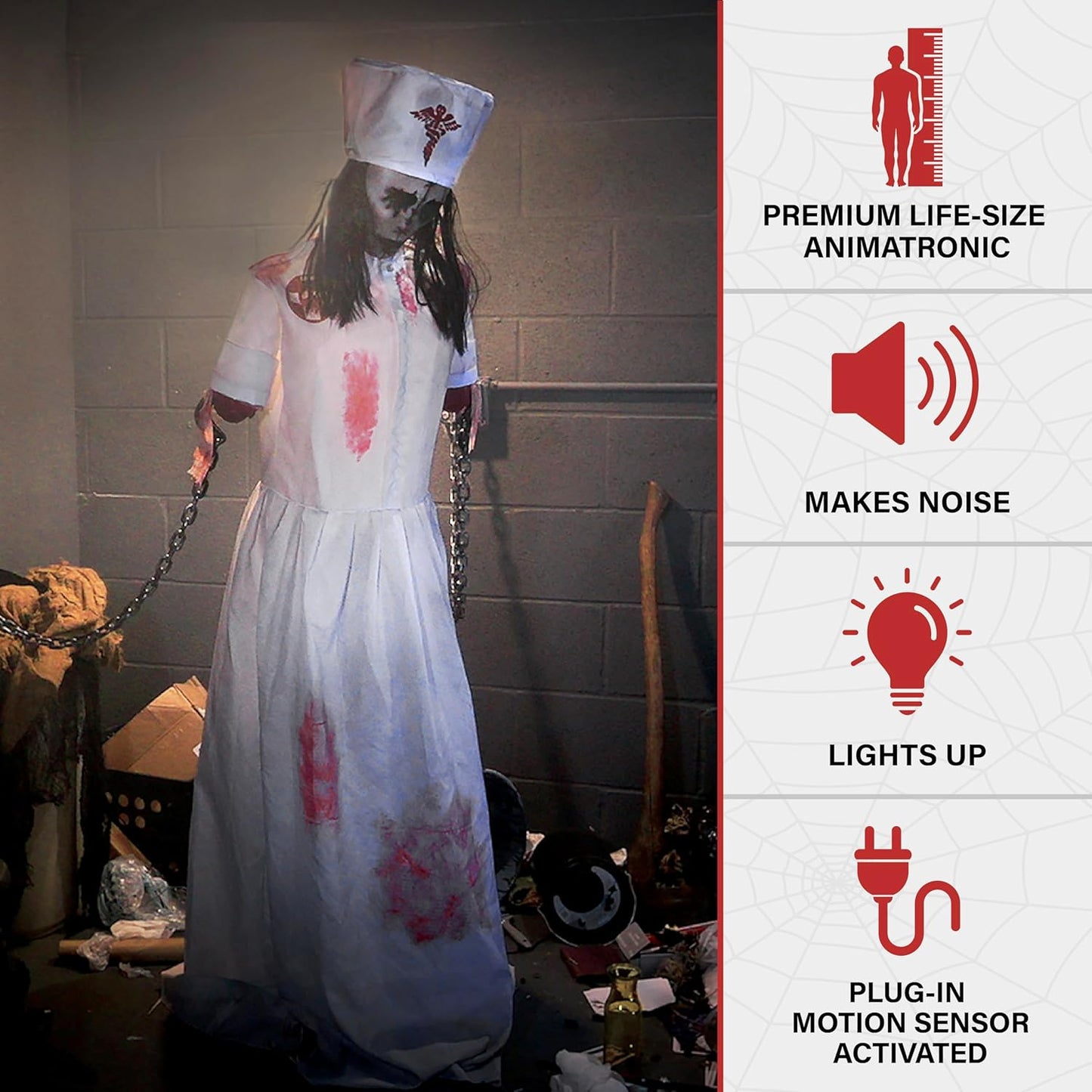 Haunted Hill Farm Life-Size Animatronic Convulsing Nurse by Tekky Halloween Decoration with Motion-Activated Sounds