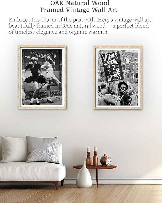 iHery Natural OAK Wood Framed Vintage Women Dancing Wall Art, 12x16in Beige Frame Canvas Retro Women Fashion, Chic Ladies Posing, Black and White Print, Vintage Feminist Wall Decor Set of 1