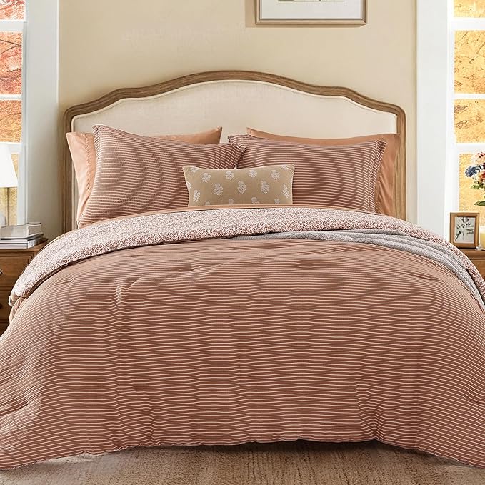 King Comforter Set - 7 Pieces Autumn Leaf Gauze Muslin Bedding Sets for All Seasons, Lightweight Breathable Bed in a Bag King with Revesible Farmhouse Comforter, Sheets, Pillowcases & Shams