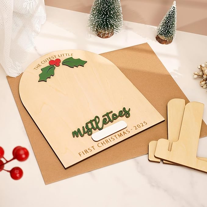 DIY Baby Footprint Keepsake Board with Name Box - Pen/Paint Not Included, Personalized Baby’s First Christmas 2025, Mistletoes Footprint Art, Nursery Footprint Decorative for Baby Shower Newborn