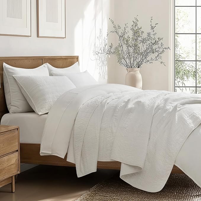 EVERGRACEHOME 100% Cotton Modern Lines Quilt Set Queen Size, Pre-Washed Soft Striped Coverlet Bedspread, 3 Piece Lightweight Bedding Set for All Season, with 2 Pillow Shams, Bright White