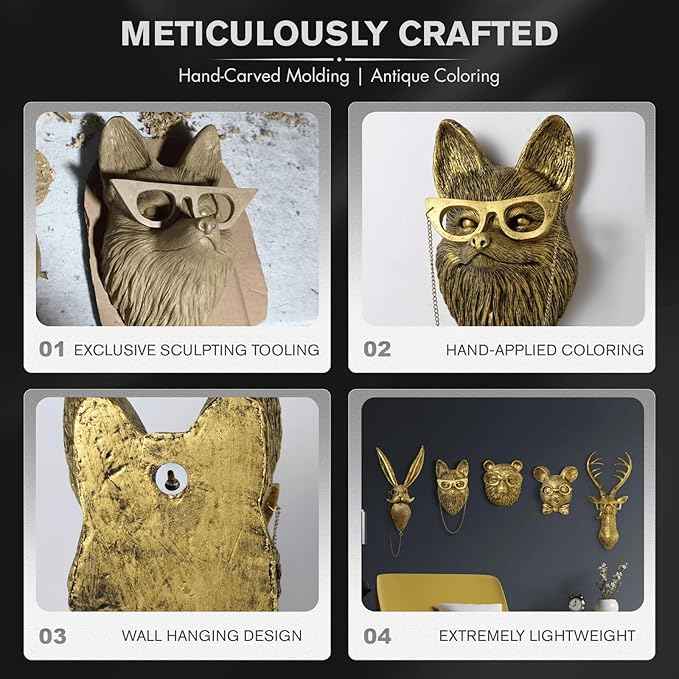 montresor Animal Head Wall Sculptures Decor 9.4 inchs Gold Fox Vintage 3D Wall Decor Art for Whimsigoth Gold Animal Heads for Wall Lightweight Material Accent Wall Hanging Room Decor for Maximalist