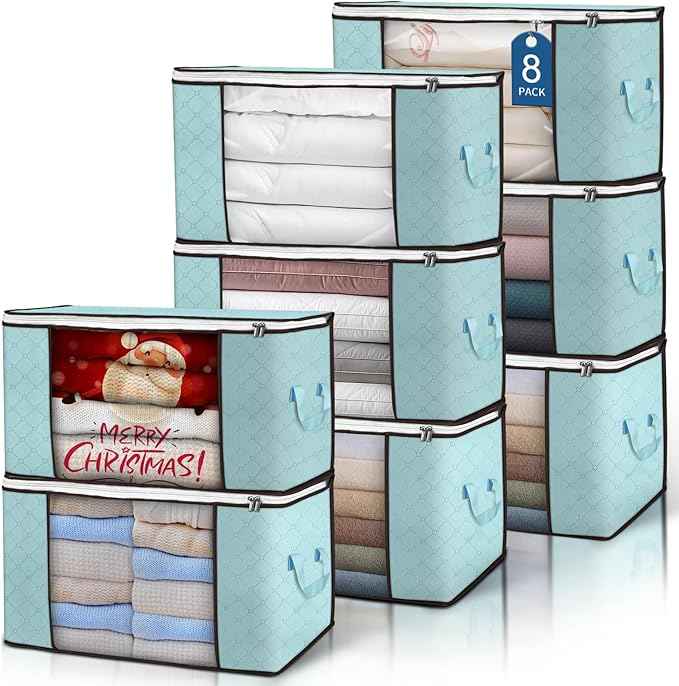 Budding Joy 90L Large Storage Bags, 8 Pack Clothes Storage Bins Foldable Closet Organizer Storage Containers with Durable Handles Storage and Organization, Blanket, Pillows and Toys (Blue)