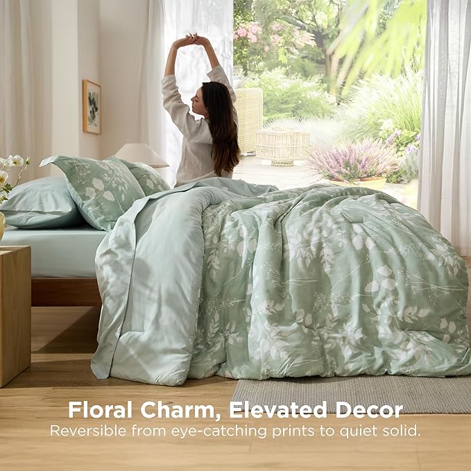 Bedsure Queen Comforter Set - 7 Pieces Floral Sage Green GentleSoft™ Bedding Sets, Queen Bed in a Bag with Botanical Flowers Winter Comforter, Sheets, Pillowcases & Shams