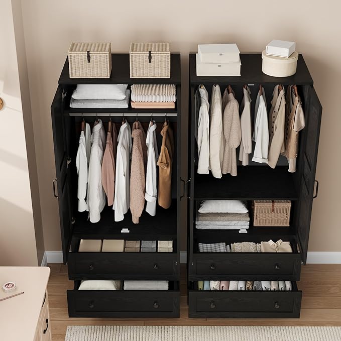 GarveeHome Armoire Wardrobe Closet with 2 Drawers,72 in Wooden Wardrobe Cabinet with Hanging Rod, Tall Clothing Armoire Cabinet with Doors and 18 Adjustable Shelves for Bedroom, Clothes, Black