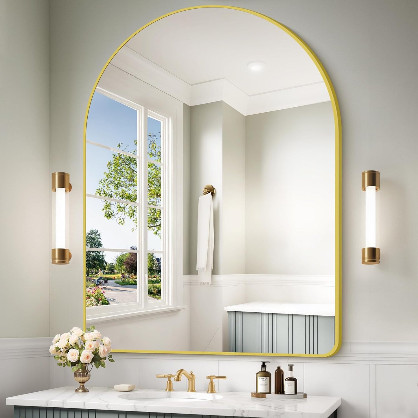 Arched Bathroom Mirror, 36"x48" Gold Arch Mirror for Bathroom, Wall Mounted Mirror, Gold Vanity Wall Mirror w/Metal Frame for Bedroom, Entryway, Living Room, Vertically Hanging or Leaning Against