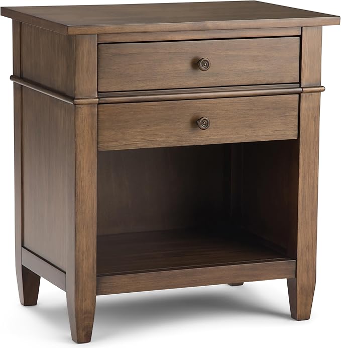 SIMPLIHOME Carlton Bedside Table - 24 inch Wide Solid Wood Nightstand Table in Rustic Natural Aged Brown, Transitional Bedroom Side or End Table with 2 Drawers, Open Storage Shelf and Bronze Hardware