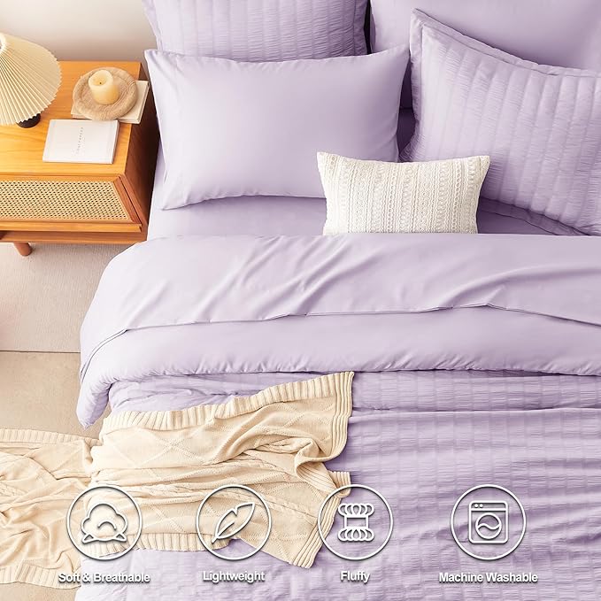 CozyLux King Seersucker Comforter Set Light Purple Bed in a Bag 7-Pieces All Season Lavender Bedding With Comforter, Pillow Sham, Flat Sheet, Fitted Sheet, Pillowcase