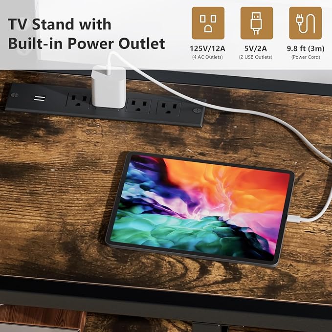 VECELO TV Stand with Mount and Power Outlets, Entertainment Center for 55/60/65/70/75 inch TVs, Height Adjustable Media Console with Storage Shelves, for Living Room, Bedroom, Rustic Brown
