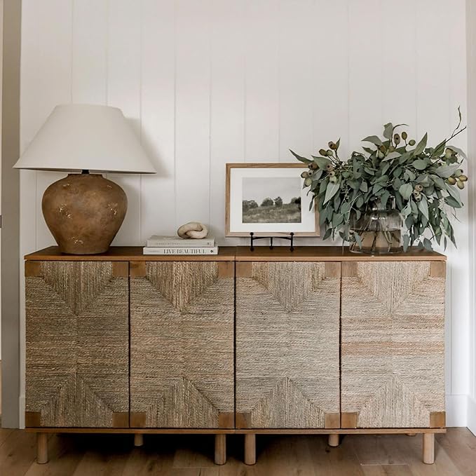 Nathan James Beacon Accent Natural Sideboard Storage Cabinet TV Stand in Light Wood with Adjustable Interior Shelf and Seagrass Doors, for Hallway, Entryway or Dining Room, Light Brown, Set of 2