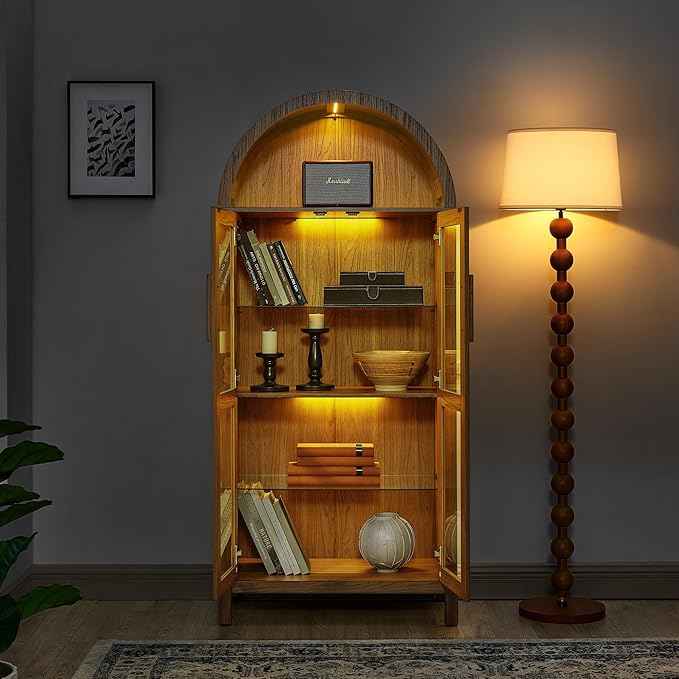 Arched Storage Cabinet with Glass Doors, Wood Display Cabinet with Adjustable Shelves and LED Lighting, 67H x 30W x 15.5D Inches, Modern Retro Style Kitchen Cabinet