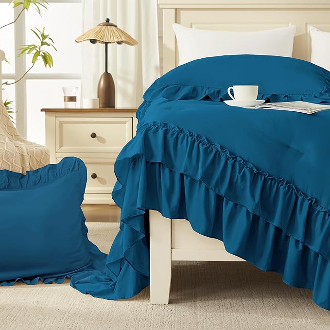 Andency Teal Full Size Comforter Set (79x90Inch), 3 Pieces Fluffy Farmhouse Shabby Chic Ruffle Bedding Sets, All Season Soft Lightweight Bed Set