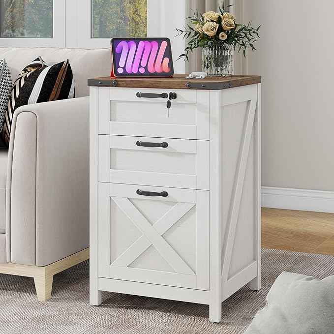 Vabches Vertical File Cabinet with 3 Drawers, Wooden Farmhouse Filing Cabinet for Letter/A4 Size Hanging Files, Under Desk Printer Stand with Storage for Home Office, White and Lock