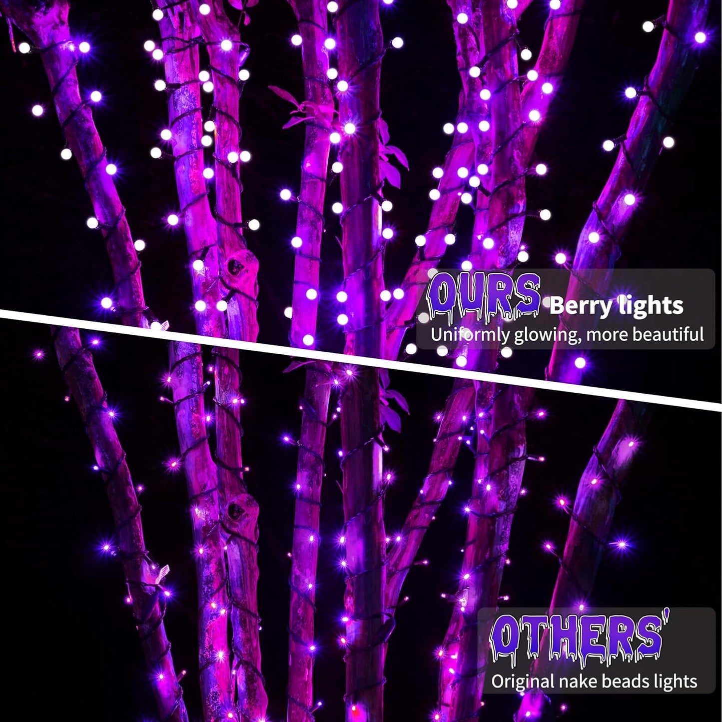 Brizled Purple Halloween Lights, 66ft 200 LED String Connectable, 8 Modes Berry Lights With Timer, Outdoor Plugin for Garden Tree Indoor Party