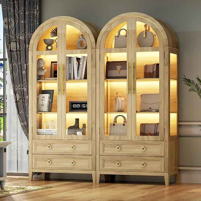 Arched Curio Cabinet with Glass Doors, 4-Tier Display Cabinet with 2 Drawers, Tall Bookcase with 3 Color Lights, Display Case, Kitchen Pantry (Wood)