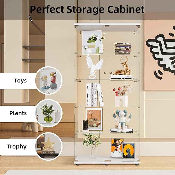 Beauty4U Glass Display Cabinet with 5 Shelves, Curio Cabinets for Living Room, Bedroom, Office, White Floor Standing Glass Bookshelf, Quick Installation