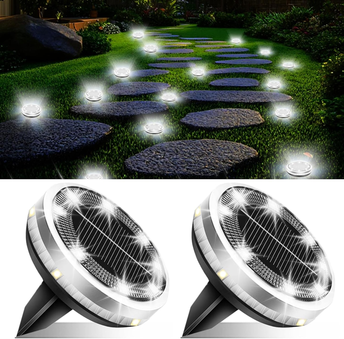 Solar Ground Lights Outdoor 2 Pack Waterproof, Upgraded Solar Garden Lights with 4 Side Light, Stainless Steel Solar Powered Disc Landscape Light for Walkway Pathway Lawn Yard Patio Deck-Cool White