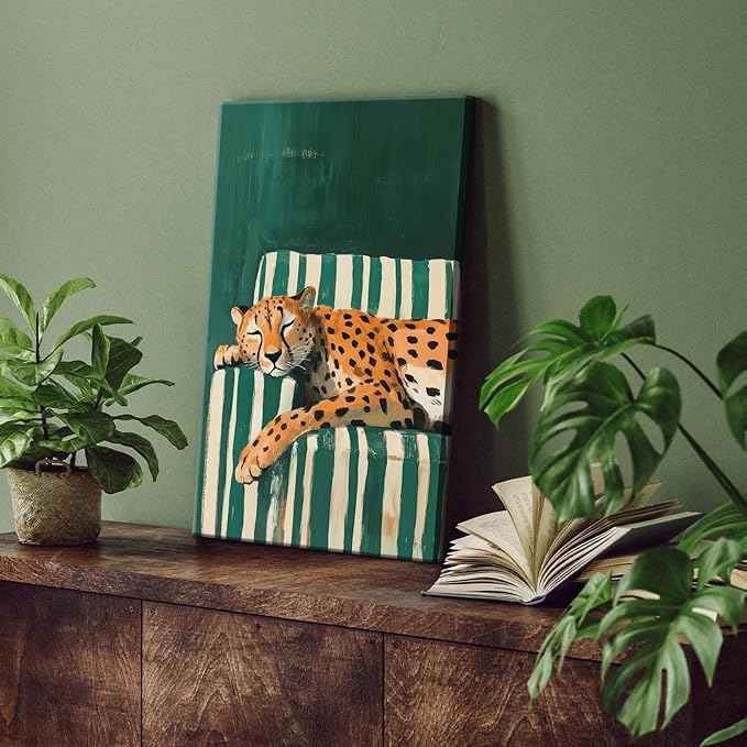 Sleepy Leopard Canvas Wall Art Maximalist Emerald Green Cheetah Wall Decor Pictures Trendy Eclectic Leopard Animal Poster Prints Aesthetic Apartment Dorm Bedroom Home Decoration 12x16in