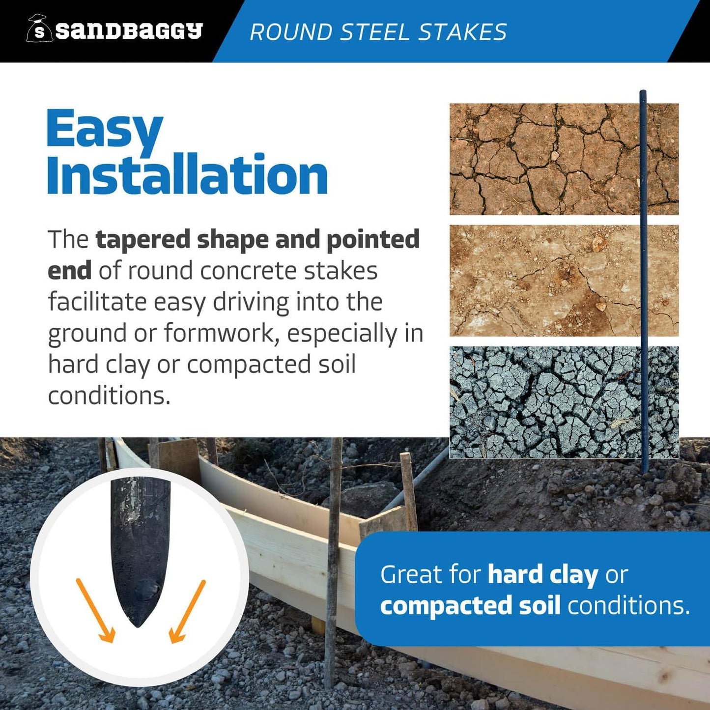 Sandbaggy Round Steel Concrete Form Stakes with Nail Holes - Rust Resistant Coating - Removable, Reusable (10, 3/4 in X 60 in)