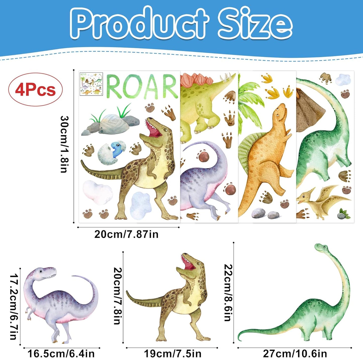 Dinosaur Wall Decals Glow in The Dark Dinosaur Wall Stickers Watercolor Dinosaur Decal Large Removable Vinyl Dino Wall Decals for Boys Bedroom Kids Girls Baby Nursery Playroom Living Room Wall Decor