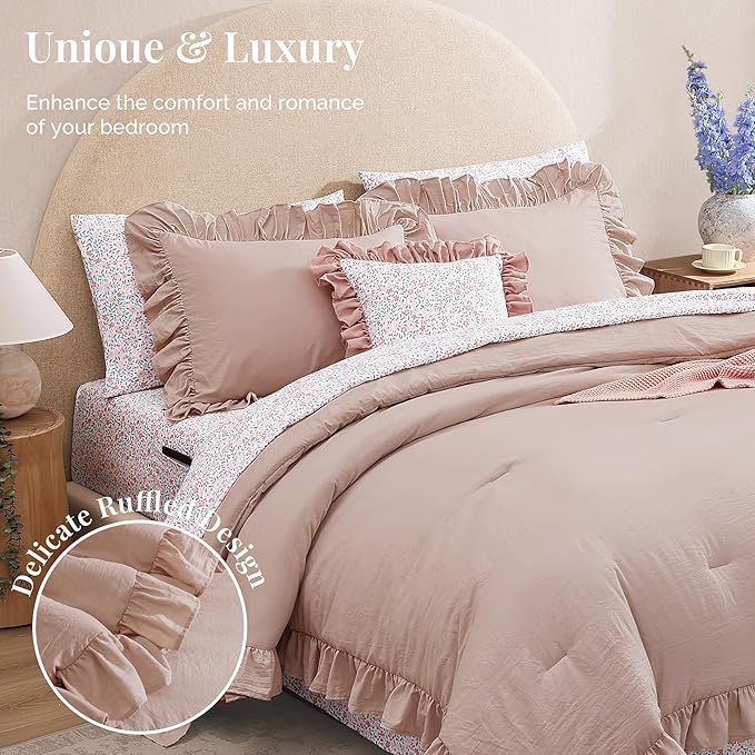 Twin XL Comforter Set - 5 Pieces Ruffle Rose Floral Bedding Sets, Shabby Chic Farmhouse Bed in a Bag with Ruffle Comforter, Floral Sheets, Pillowcase & Sham