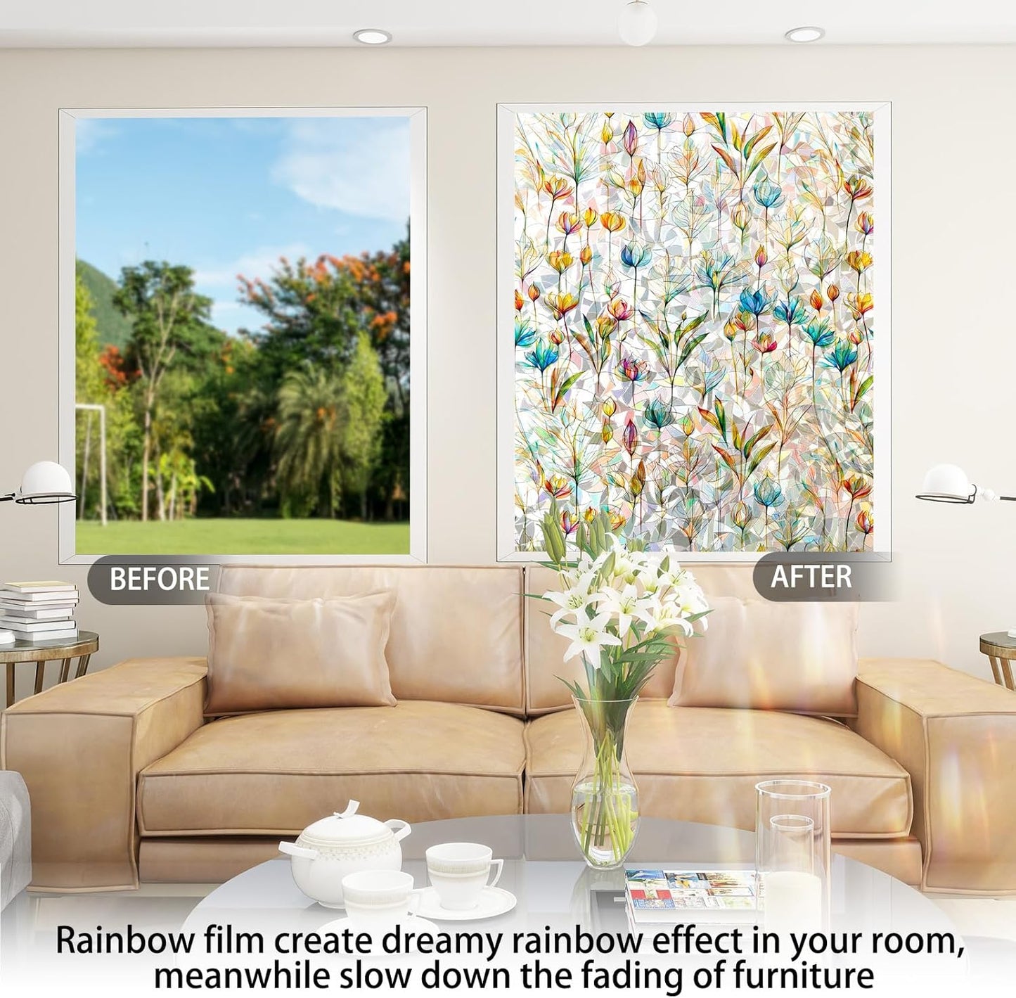 Rainbow Window Privacy Film 3D Floral Decorative Stained Glass Window Film Anti UV Non-Adhesive Reusable 17.5" x 78.7" for Home Room Car Glass Cling