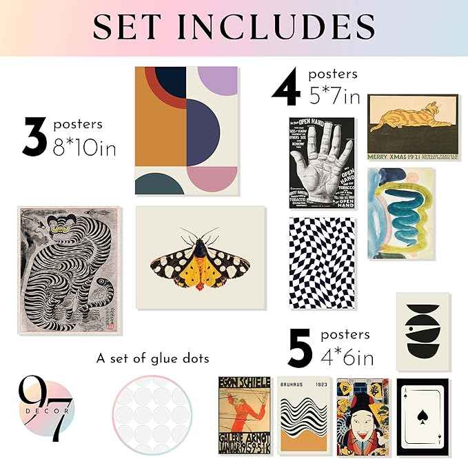 97 Decor Vintage Eclectic Wall Art Collage - Abstract Modern Art Prints For Wall Decor, Cool Funky Pictures Maximalist Paintings Retro Bauhaus Posters Set For Dorm Bedroom Home Decorations (Unframed)