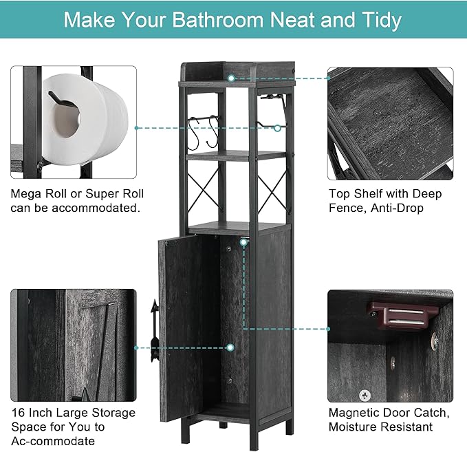VECELO Small Bathroom Cabinet,Slim Toilet Paper Holder with Door&2 Shelves, Upgraded Narrow Storage Organizer for Restroom Bathroom Tiny Space,Metal Scroll Fenced Top Waterproof Coating,Gray