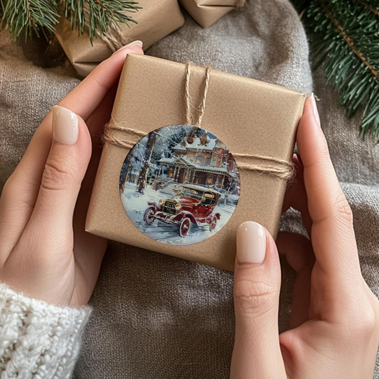 Vintage Christmas Ceramic Ornament Gifts, Retro Winter Christmas Decorative Hanging Ornaments for Xmas Tree Holiday Party Decoration, Winter Xmas Tree Decorations