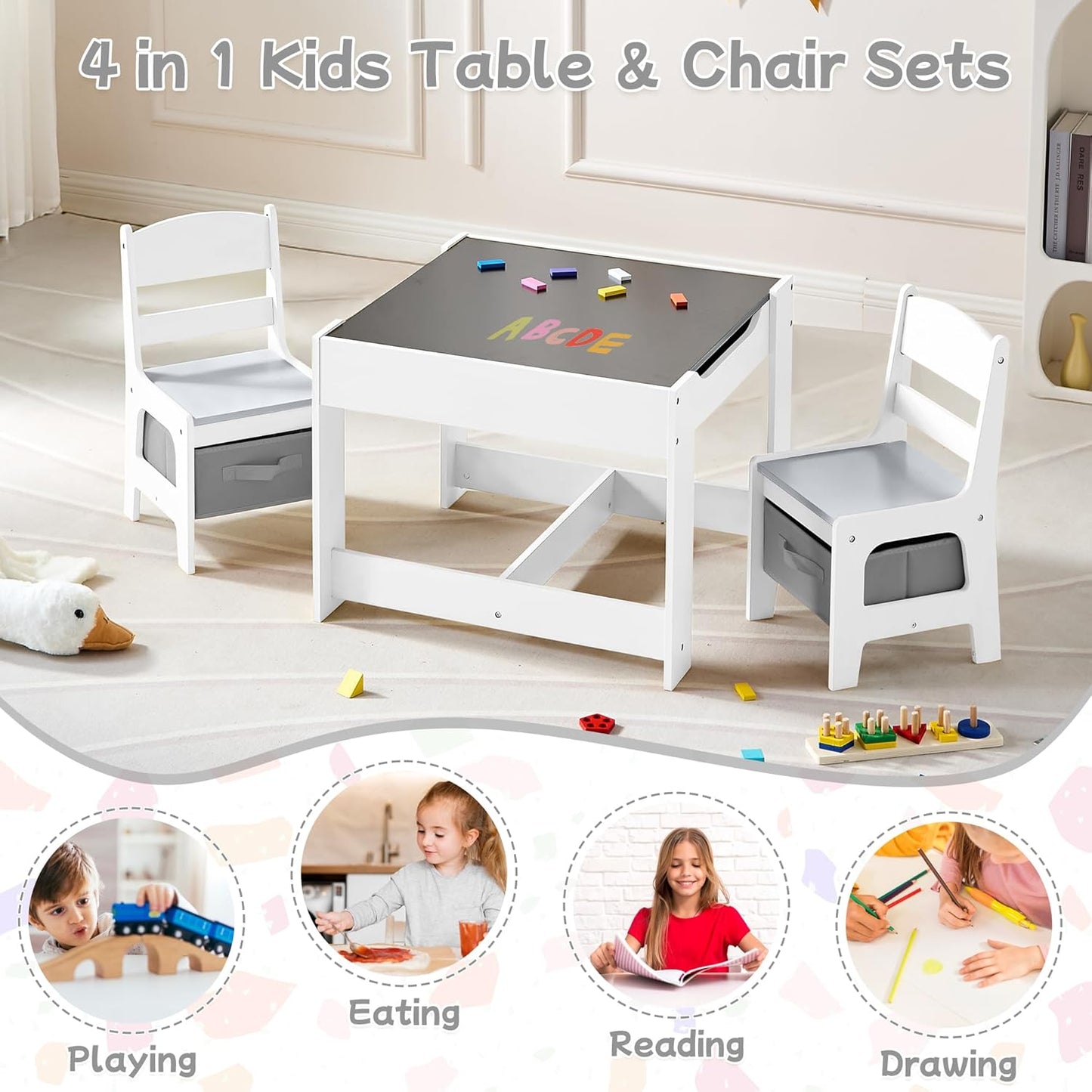 Kids Table and Chair Set, 3 in 1 Wooden Activity Table with Detachable Tabletop, Toddler Table and Chair Set with Storage Drawer, Kids Play Table for Children Art, Craft, Eating, Learning