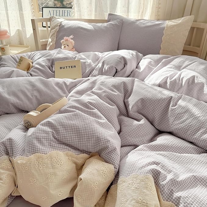 LifeTB Purple Gingham Comforter Set Queen Romantic Lace Style Checkered Pattern Comforter Set Farmhouse Purple Grid Plaid Bedding Comforter Queen Fluffy Soft Lightweight Gingham Bedding Set