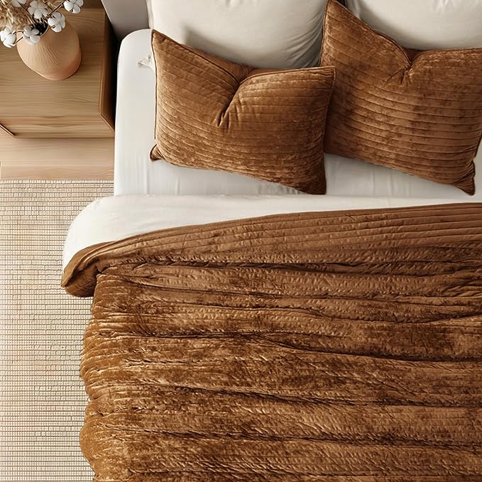 EVERGRACE Velvet Quilt Set California King 118'' x 106'', Luxurious Soft Striped Channel Bedding Set, Lightweight Velvet Comforter for All Season, Oversized Bedspread Coverlet w/ 2 Shams, Dark Brown
