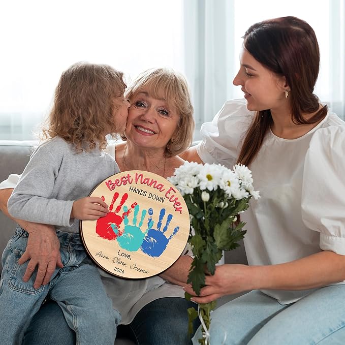 Personalized Hands Down Best Grandma Ever Handprint Kit with Non-Toxic Paint, Family Craft Wooden Sign, Fathers Day Handprint Plaque Keepsake, Valentines Day Birthday Gift for Mom, Dad, Grandma, Nana