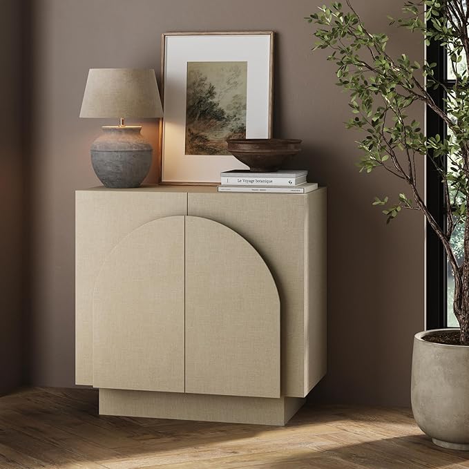 Nathan James Iris Mid Century Modern Arched Curio Cabinet with Beige Linen Finish, Wooden Storage Cabinet with Doors