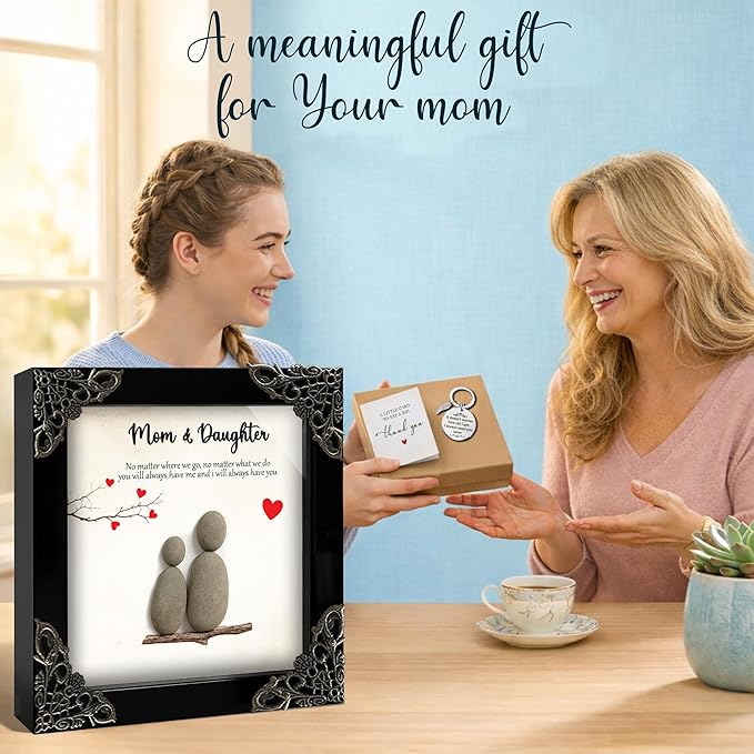 Mothers Day Mom Gifts from Daughters – 5.5" Pebble Art Frame Mothers Day Plaque, Engraved Mom Keychain, Card – Birthday Gift Set for Moms, Mother, Mama from Daughter Son, Best Mum Ever Keepsake S15-55
