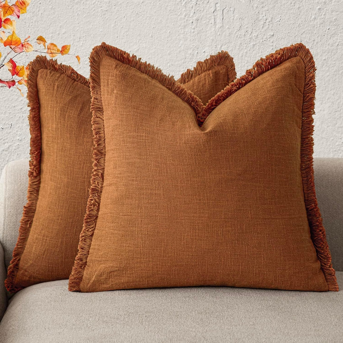 Foindtower Set of 2 Decorative Linen Fringe Throw Pillow Covers Cozy Boho Farmhouse Cushion Cover with Tassels Soft Accent Pillowcase for Couch Sofa Bed Living Room Home Decor, 16×16 Inch, Orange
