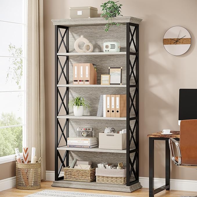 Tribesigns 6-Tier Bookcase, 71 Inches Industrial Bookshelves and Bookcases, Floor Standing 5 Shelf Display Storage Shelves Tall Bookcase for Home Office, Living Room, Bed Room, Grey