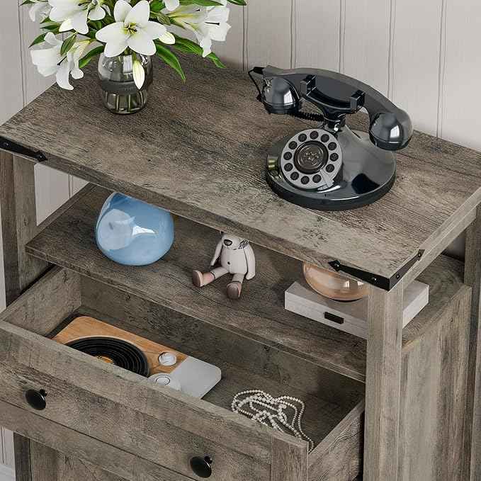 Vabches Small Cabinet with Drawer - Side Storage Organizer, Farmhouse Rustic Style, Grey for Bathroom, Kitchen, Living Room
