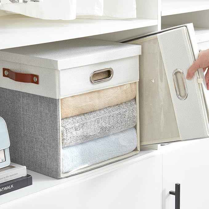 Fabric Storage Cubes with Clear Windows and Lids, 13'' Foldable Storage Bins with 3 Handles, Decorative Storage Boxes for Home, Bedroom, Closet, Office (Gray & White)