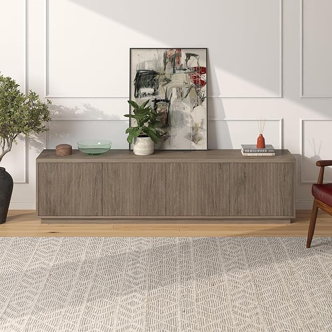 Henn&Hart Fluted TV Stand for TVs up to 85" with 2 Concealed Ribbed Storage Cabinets and Adjustable Shelves for Living Room, Family Room, or Office, Weathered Gray